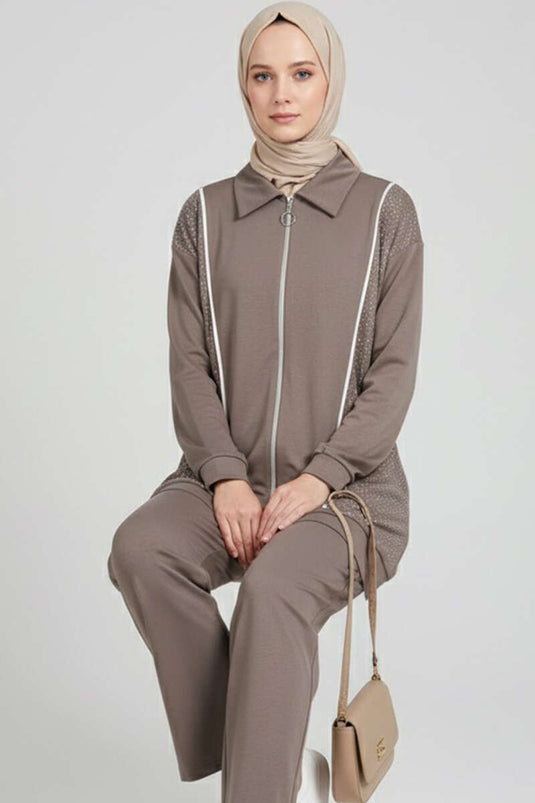 Loyşa Stoned Zippered Two Piece Suit Mink