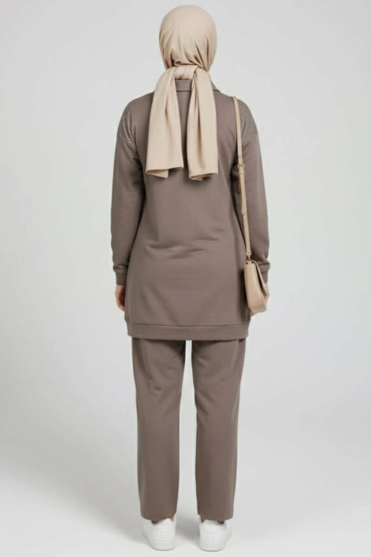 Loyşa Stoned Zippered Two Piece Suit Mink