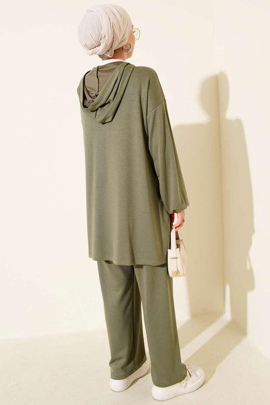 Loyşa Stoned Kangaroo Pocket Two Piece Suit, Almond Green