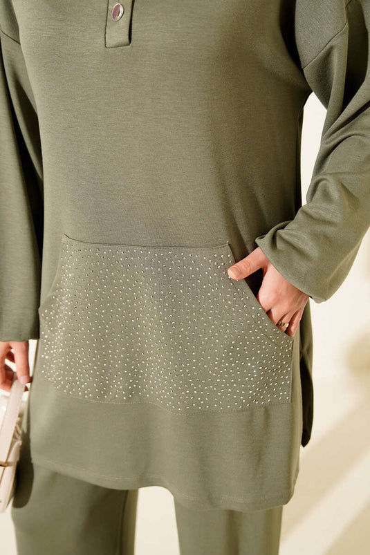 Loyşa Stoned Kangaroo Pocket Two Piece Suit, Almond Green