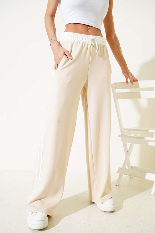 Loyşa Side Stripe Waist Drawstring Trousers Beige