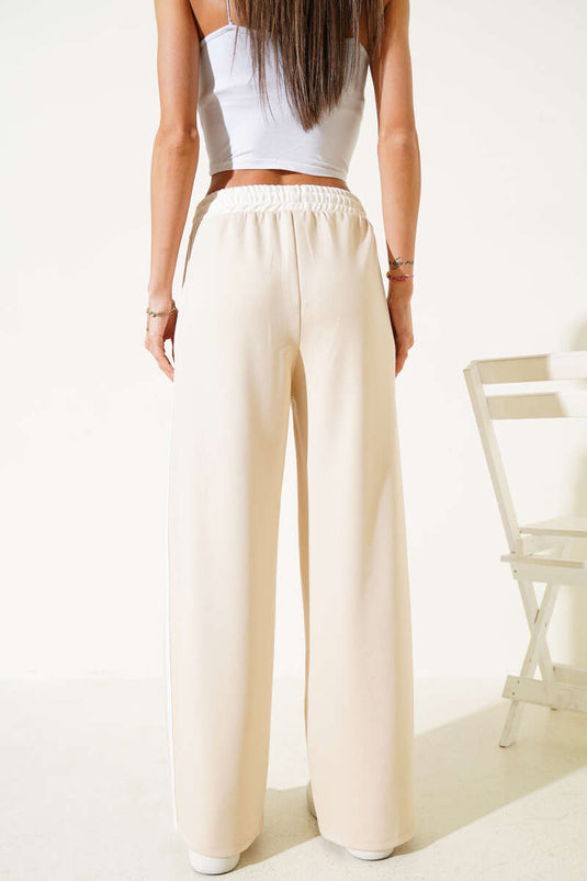 Loyşa Side Stripe Waist Drawstring Trousers Beige