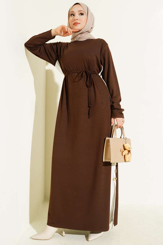 فستان لويزا المخطط الجانبي بني