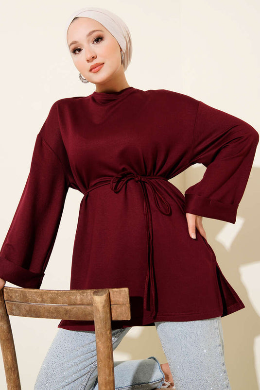 Loyşa Yan Yırtmaçlı Kuşaklı Tunik Bordo