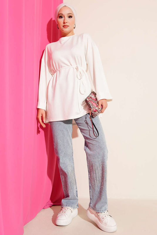 Loyşa Yan Yırtmaçlı Kuşaklı Tunik Ekru