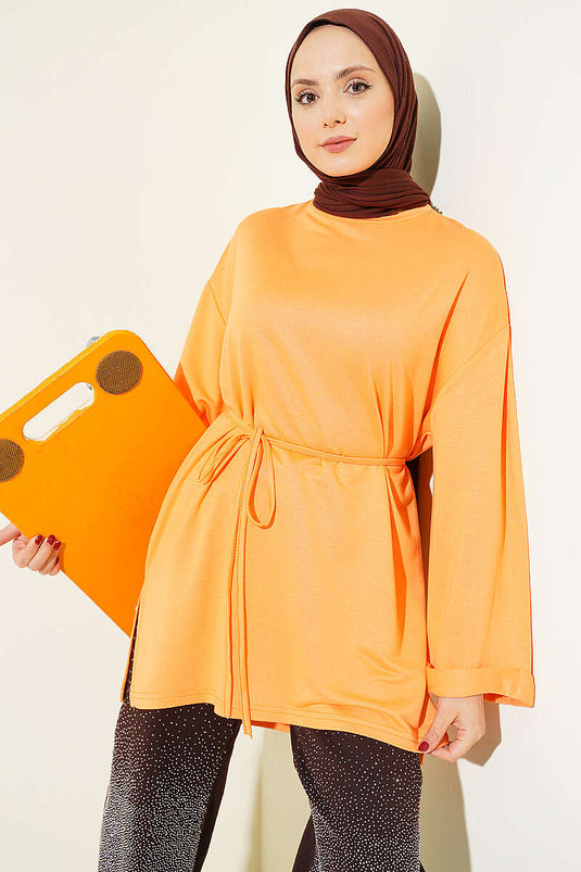 Tunique orange Loyşa avec fente latérale et ceinture