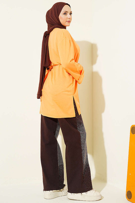 Tunique orange Loyşa avec fente latérale et ceinture