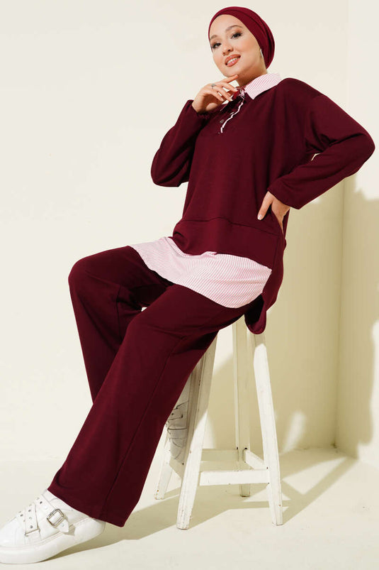 Loyşa Half Snap Button Striped Garnished Two Piece Suit Burgundy