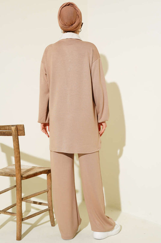 Loyşa Yarım Çıtçıtlı Çizgi Garnili İkili Takım Latte