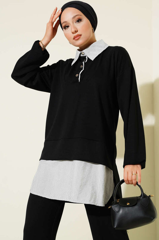 Loyşa Half Snap Button Striped Garnished Two Piece Suit Black