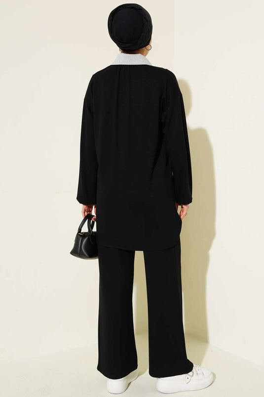 Loyşa Half Snap Button Striped Garnished Two Piece Suit Black