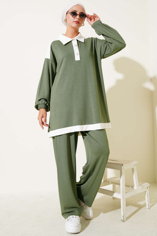 Loyşa Yarım Düğmeli Şerit Detaylı İkili Takım Çağla Yeşili