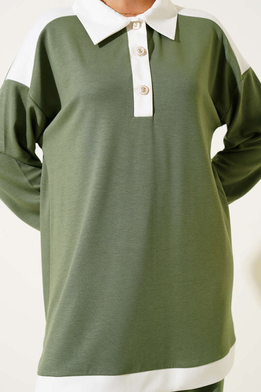 Loyşa Yarım Düğmeli Şerit Detaylı İkili Takım Çağla Yeşili