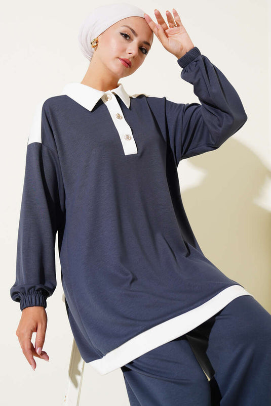 Loyşa Yarım Düğmeli Şerit Detaylı İkili Takım Füme