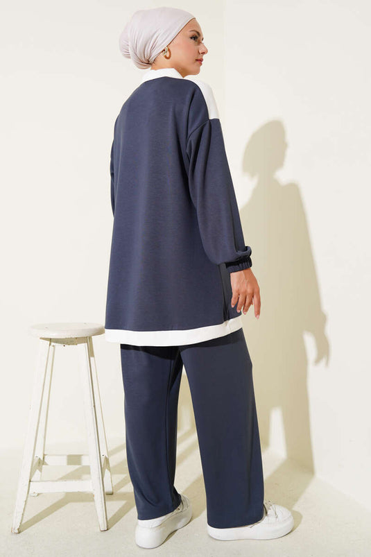 Loyşa Yarım Düğmeli Şerit Detaylı İkili Takım Füme