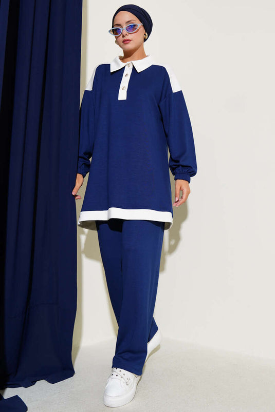 Loyşa Yarım Düğmeli Şerit Detaylı İkili Takım Lacivert