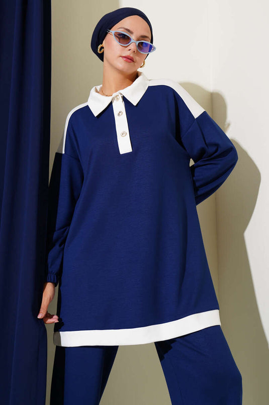 Loyşa Yarım Düğmeli Şerit Detaylı İkili Takım Lacivert