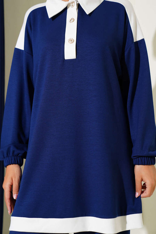 Loyşa Yarım Düğmeli Şerit Detaylı İkili Takım Lacivert