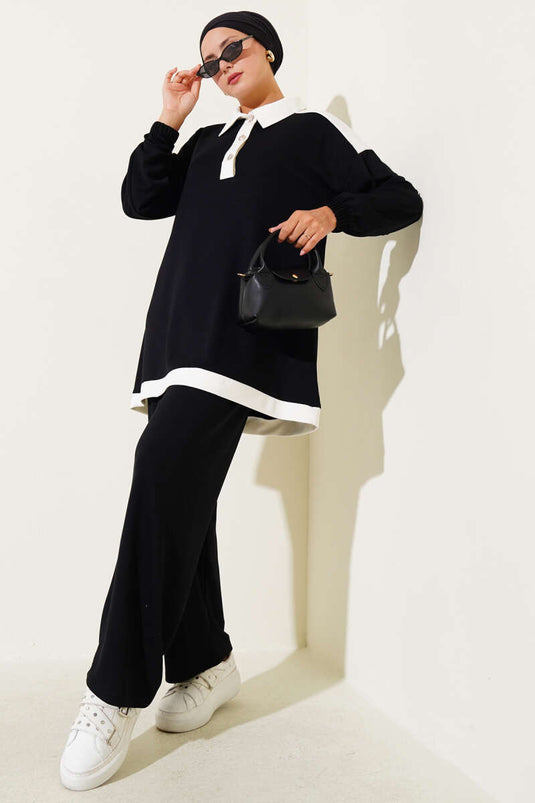 Loyşa Yarım Düğmeli Şerit Detaylı İkili Takım Siyah