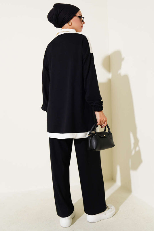 Loyşa Yarım Düğmeli Şerit Detaylı İkili Takım Siyah