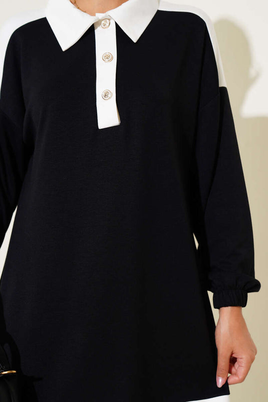 Loyşa Yarım Düğmeli Şerit Detaylı İkili Takım Siyah