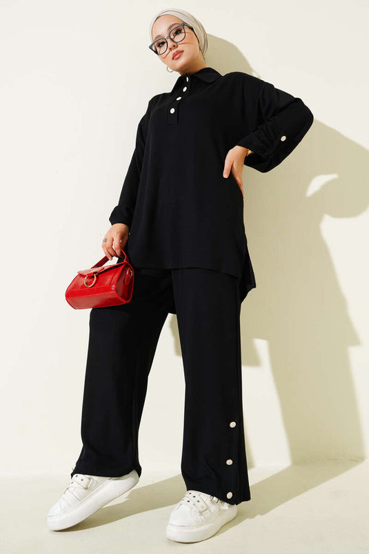 Loyşa Yarım Düğmeli Tunik İkili Takım Siyah