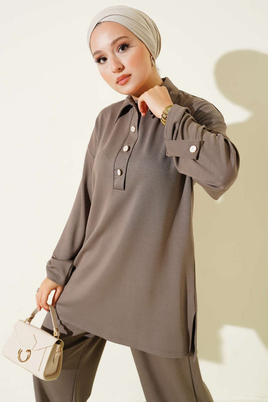 Loyşa Yarım Düğmeli Tunik İkili Takım Vizon