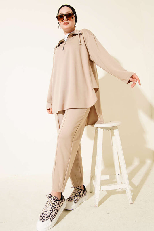 Loyşa Yarım Fermuar Detaylı İkili Takım Bej