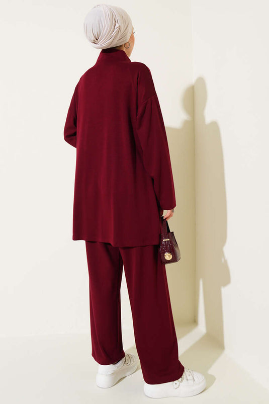 Loyşa Half Zippered Stoned Two Piece Suit Burgundy