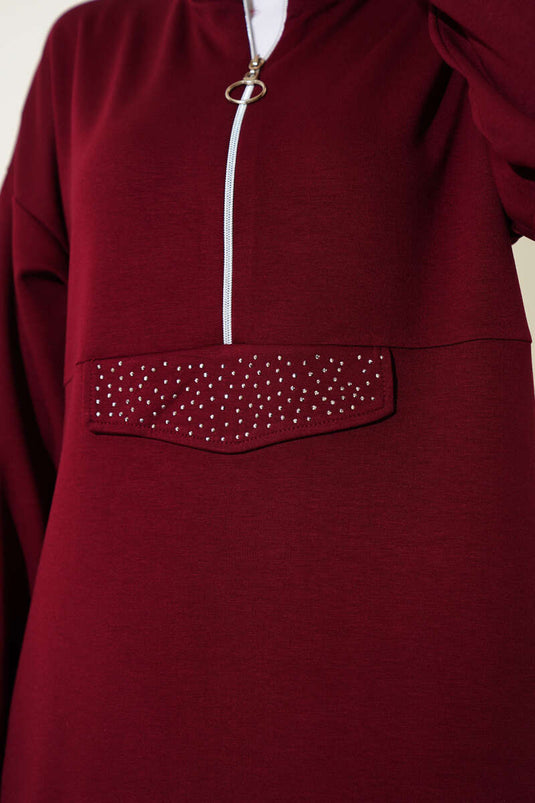 Loyşa Half Zippered Stoned Two Piece Suit Burgundy