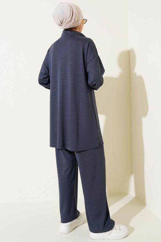 Loyşa Yarım Fermuarlı Taşlı İkili Takım Füme