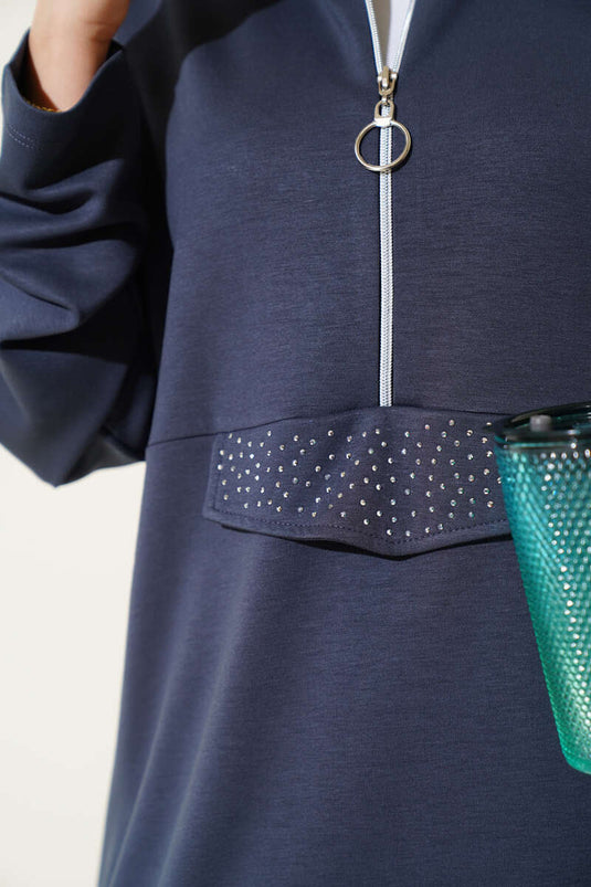 Loyşa Yarım Fermuarlı Taşlı İkili Takım Füme