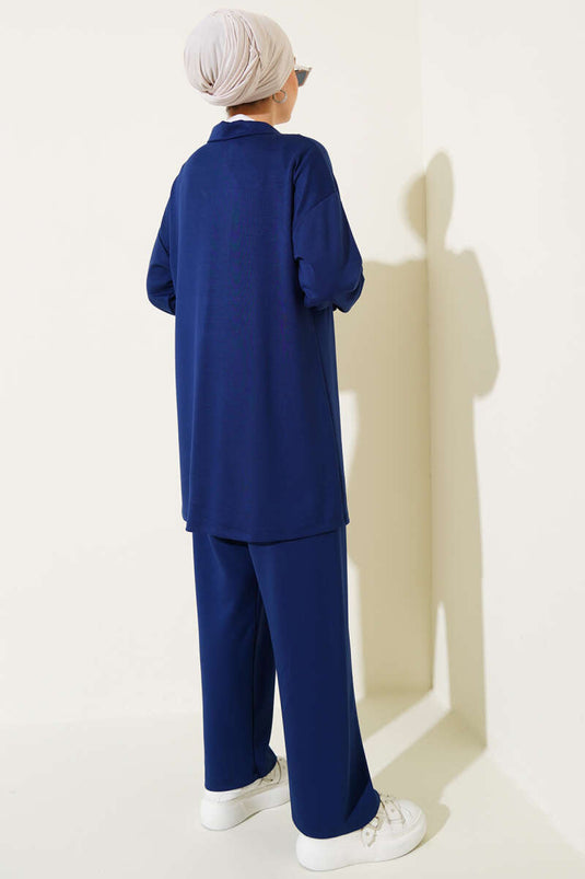 Loyşa Half Zippered Stoned Two Piece Suit Navy Blue