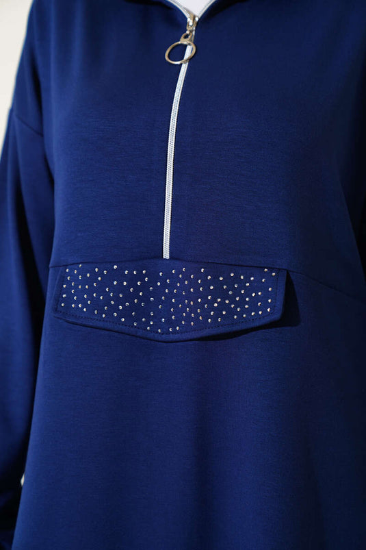 Loyşa Half Zippered Stoned Two Piece Suit Navy Blue