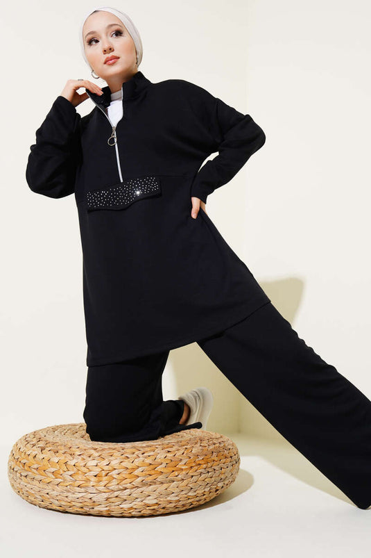 Loyşa Half Zippered Stoned Two Piece Suit Black