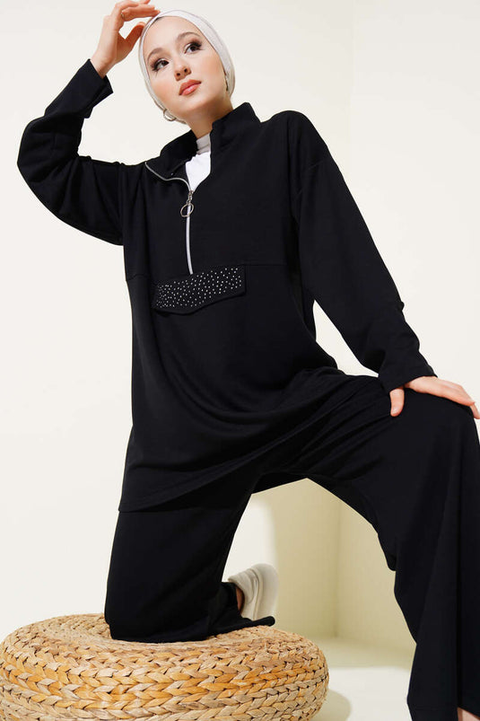 Loyşa Half Zippered Stoned Two Piece Suit Black