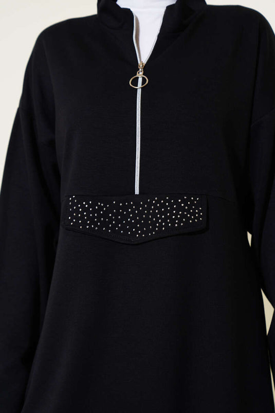 Loyşa Half Zippered Stoned Two Piece Suit Black