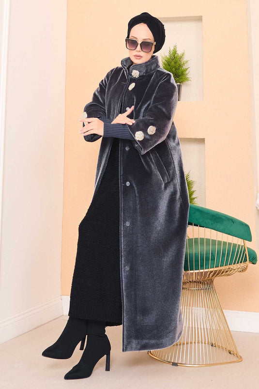 Manteau luxueux en angora à boutons dorés, couleur fumée