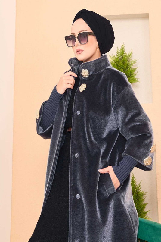 معطف أنجورا فاخر بأزرار ذهبية اللون دخاني