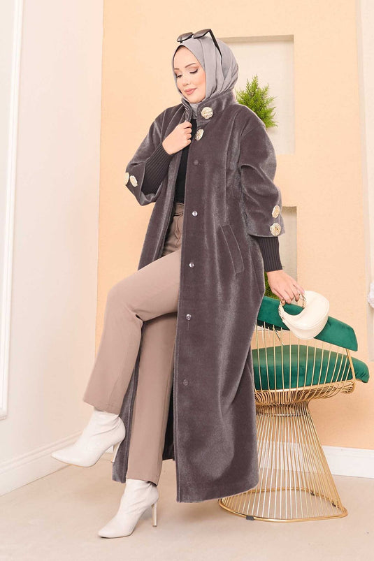 Manteau de luxe en angora à boutons dorés, couleur vison foncé