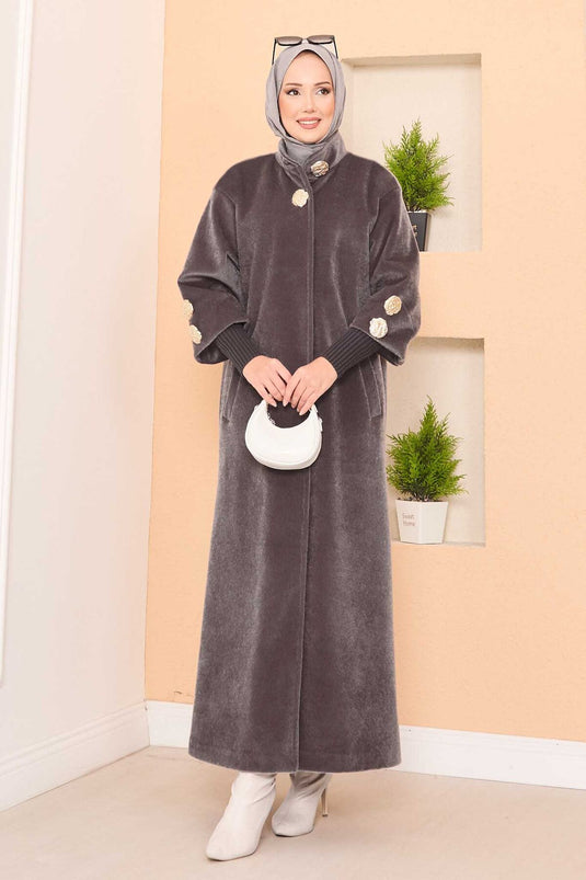 Manteau de luxe en angora à boutons dorés, couleur vison foncé