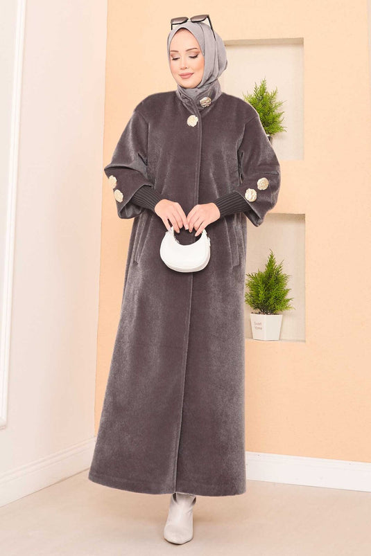 Manteau de luxe en angora à boutons dorés, couleur vison foncé