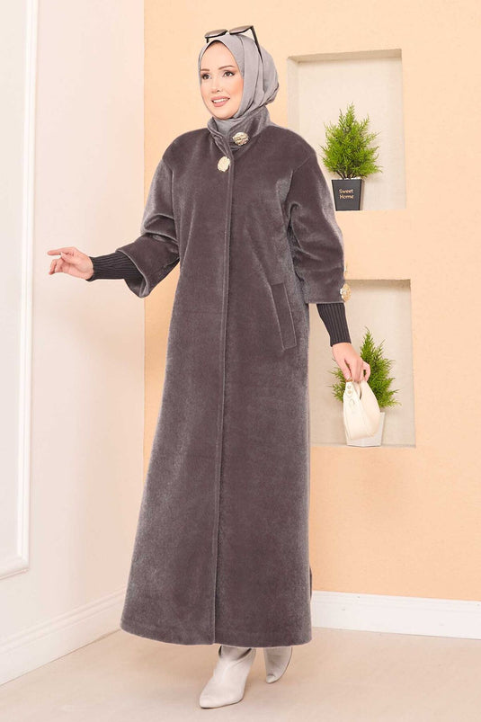 Manteau de luxe en angora à boutons dorés, couleur vison foncé