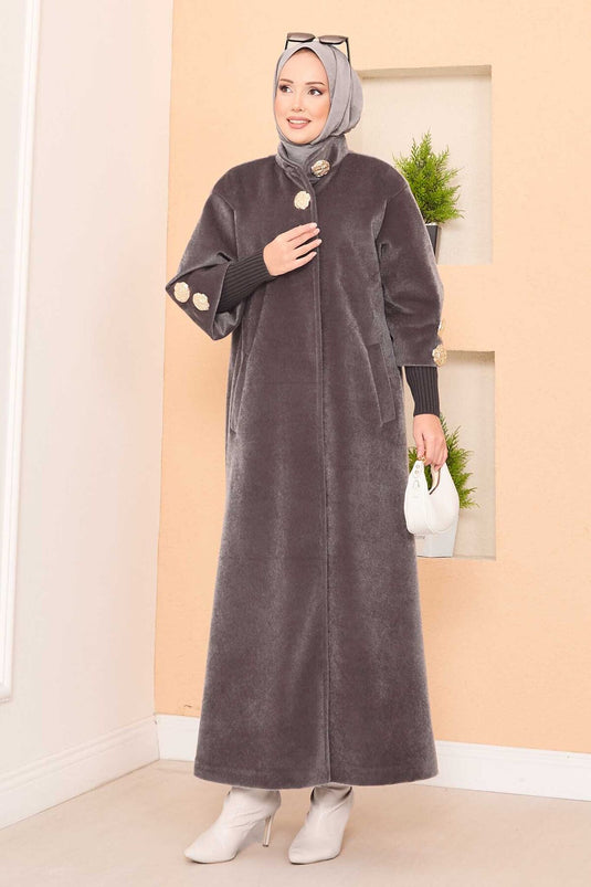 Manteau de luxe en angora à boutons dorés, couleur vison foncé