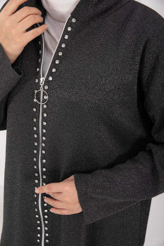 طقم ثنائي من التريكو اللامع المزود بشريط حجري فاخر، أنثراسيت