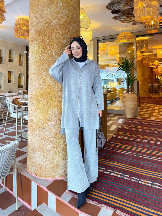 Luxurious Stone Striped Glittery Knitwear Two Piece Set Gray