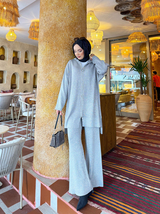 Ensemble deux pièces en tricot pailleté à rayures de luxe gris