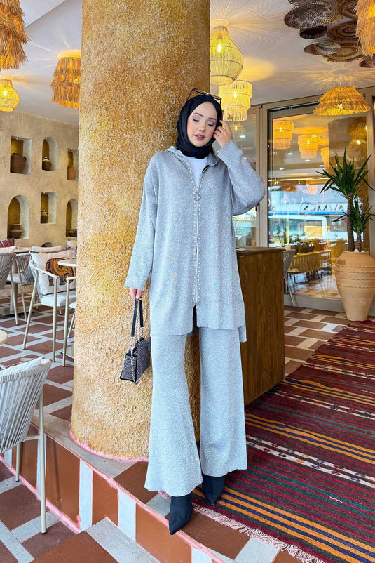 Ensemble deux pièces en tricot pailleté à rayures de luxe gris