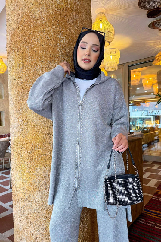 Luxurious Stone Striped Glittery Knitwear Two Piece Set Gray