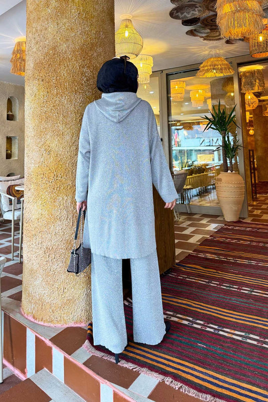 Luxurious Stone Striped Glittery Knitwear Two Piece Set Gray